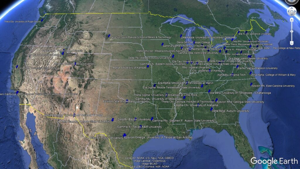 Static Google Earth map of active chapters.  Find links to interactive maps below.